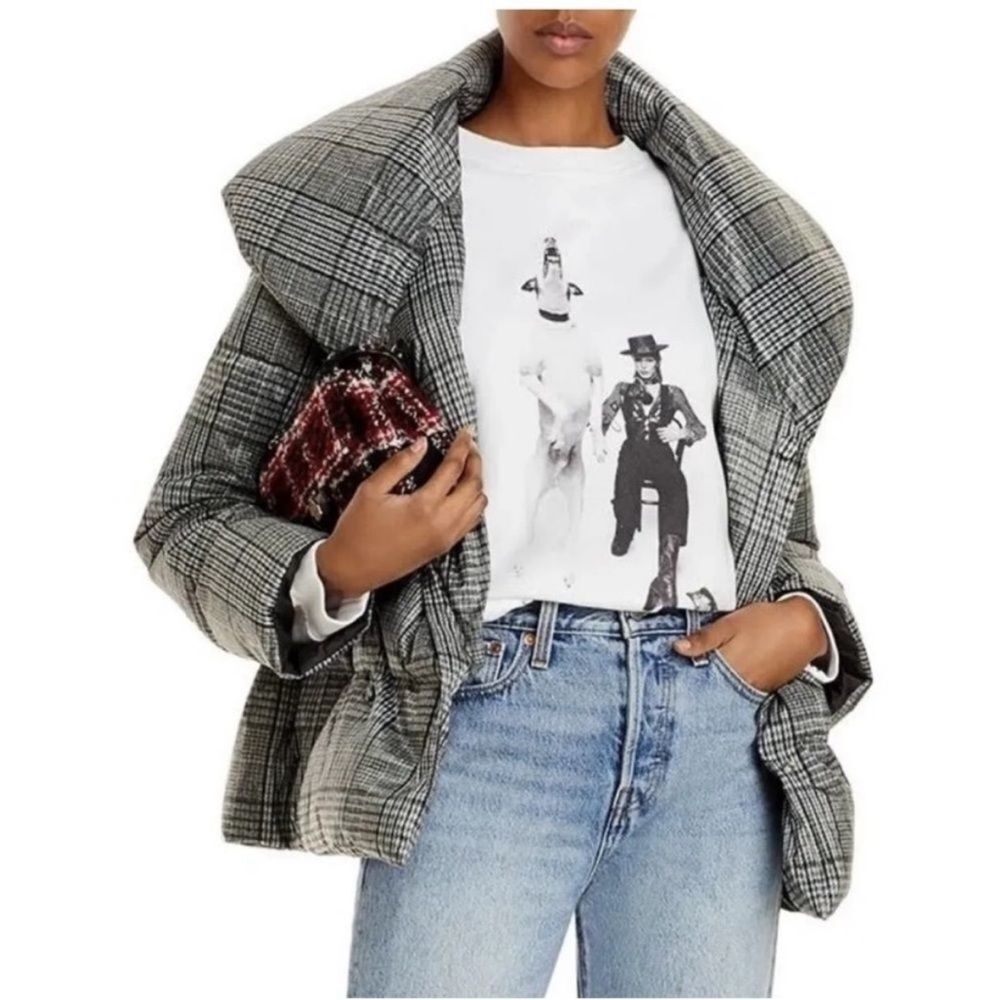 Jason Wu Grey Houndstooth Plaid Double Breasted Puffer Jacket Size Small Chic